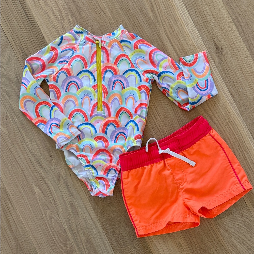 Neon Rainbow Kids Swim Rashguard and Trunks